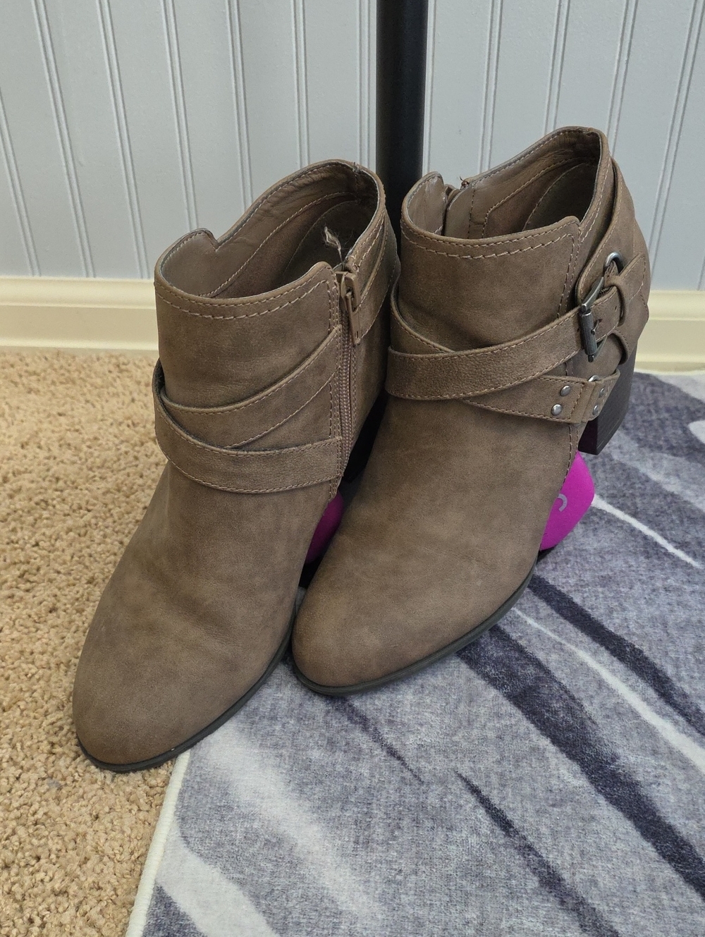 Indigo Taupe Suede-Look Ankle Booties with Buckle Detail